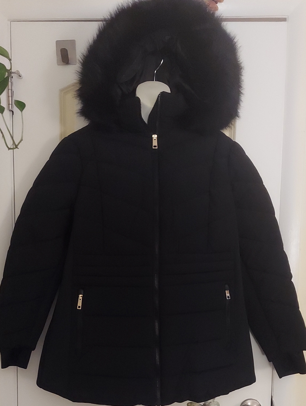 Michael Kors Black Hooded Puffer Coat with Faux Fur Trim